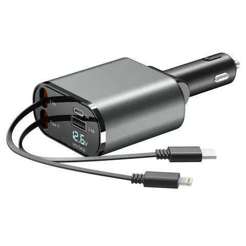 60W Max Smart Car Charger - 4-in-1 Multiport Anti-Tangle Adjustable Adapter with Swivel Retractable Lightning Cable, Dual Ports, USB-C Fast Charging Connector, 50 to 59.9W Type-C Charging for iPhones, Samsung, 50 To 59.9 W