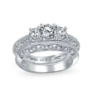 Filigree 3CT Round Solitaire 3 Stone CZ Engagement Ring Set Band Sterling Silver