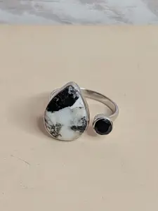 White Buffalo Tear Drop & Circle Shaped Black Onyx Sterling Silver Adjustable Ring
