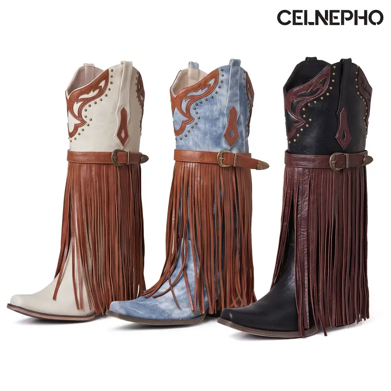CELNEPHO Women Cowboy Boots Pointd Toe Fringe Boots Rivets Western Embroidered Mid Calf Metalic Buckle Design Easy Pull on Tabs Horse Riding Spring Dress Shoes