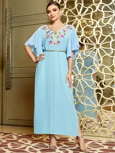 Women's Light Blue Arabic Robe, Middle Eastern Dubai Style V-Neck Handmade Rhinestone Dress, Gold Trim Floral Evening Party Gown, Evening Formal Dress