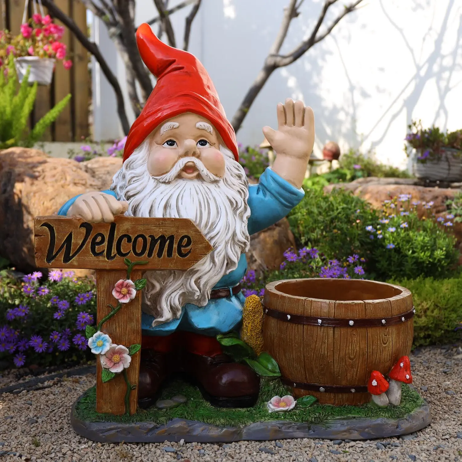 Gnome Flower Pot Planter Statue - Extra Large Resin Outdoor Garden Decor for Patio Yard Lawn Porch, Weatherproof Welcome Gnome with Planter Bowl, Red Finish, Gift for Housewarming Christmas Birthday
