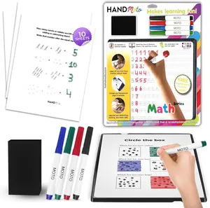 HandMoto Fun Math Learning Activities for Toddlers - 10 Reusable Sheets with Dry Board, 4 Markers & 1 Eraser - Engaging Activities for Ages 3-5