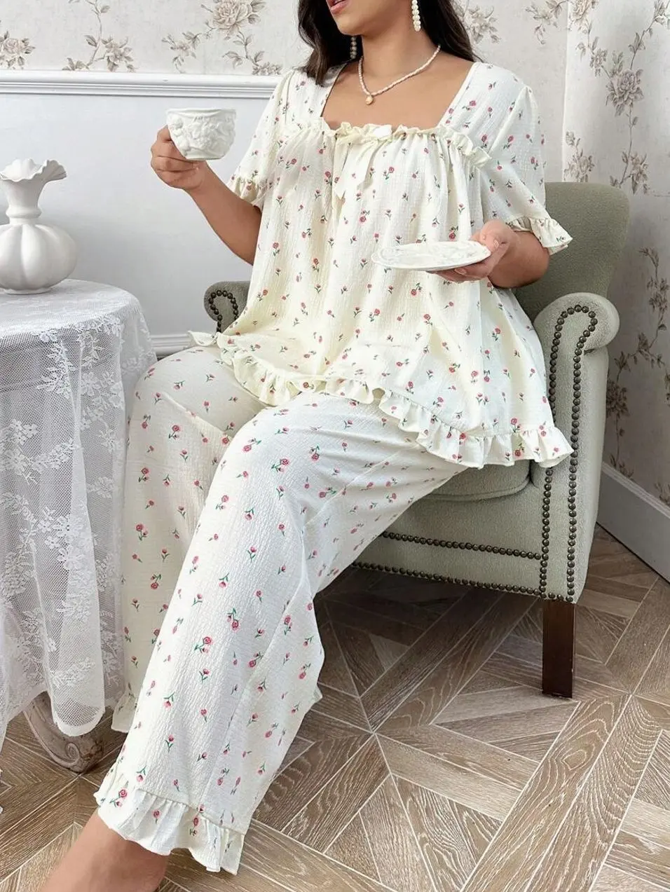 Plus Size Floral Rose Print Pajama Set, Elegant Square Neck Bow Detail Sleepwear