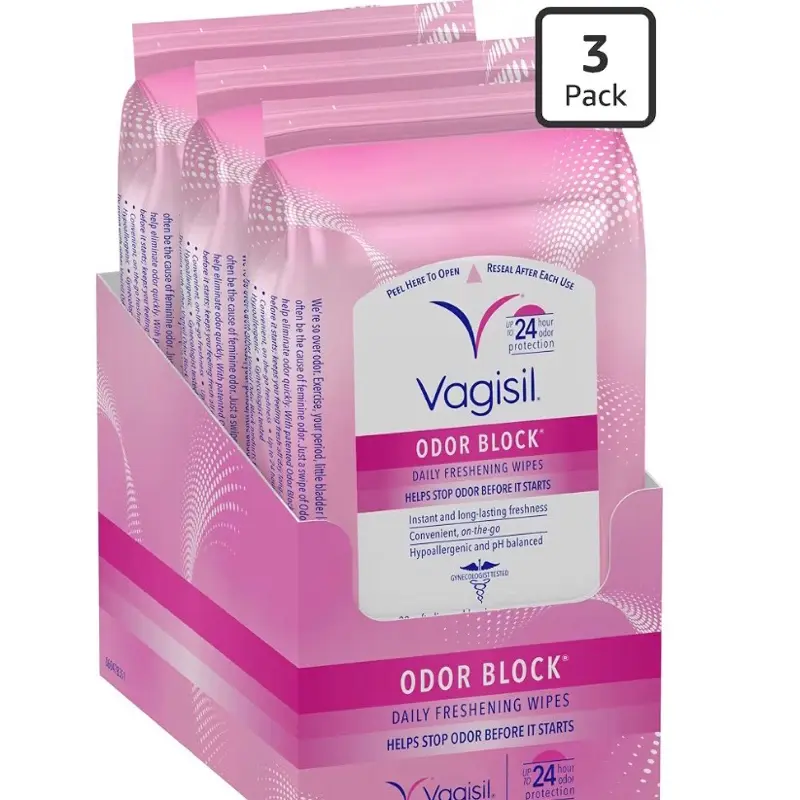 Vagisil Odor Block Daily Freshening Wipes for Feminine Hygiene in Resealable Pouch, Gynecologist Tested & Hypoallergenic, 20 Wipes (Pack of 3)