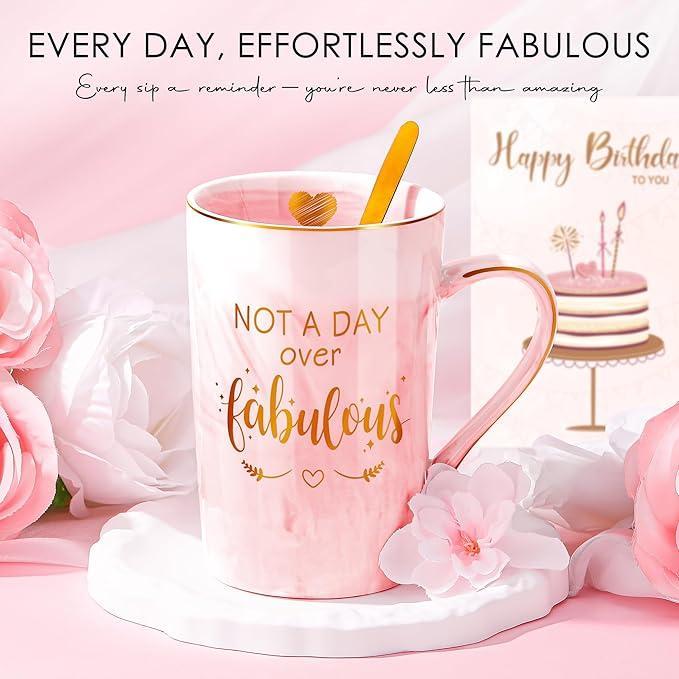 Birthday Gifts for Women, Happy Birthday Gift Basket Set, Unique Pink Not A Day Over Fabulous Mug Gift Box for Her, Spa and Self Care Presents for Mom, Sister, Wife, Friends, Coworkers, Daughter and Aunt, Luxury Birthday Gift Set