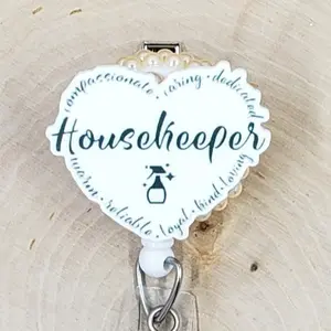 Housekeeper Retractable ID Badge Reel | Hotel Motel Housekeeping Maid House Cleaner Cleaning | Teacher Nurse MD Doctor Medical Hospital Healthcare Badge Holder