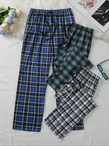 Men's Spring & Fall Home Wear Pants Set, Comfortable Casual Plaid Print Sleepwear, 3 Pairs Long Lounge Bottoms, Pajama Set