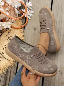 Multicolor Knit Floral Embroidery Flat Casual Shoes, Breathable Mesh, Slip-On Laces, Soft Rubber Sole, Comfortable Mom Shoes, Lightweight Women's Shoes
