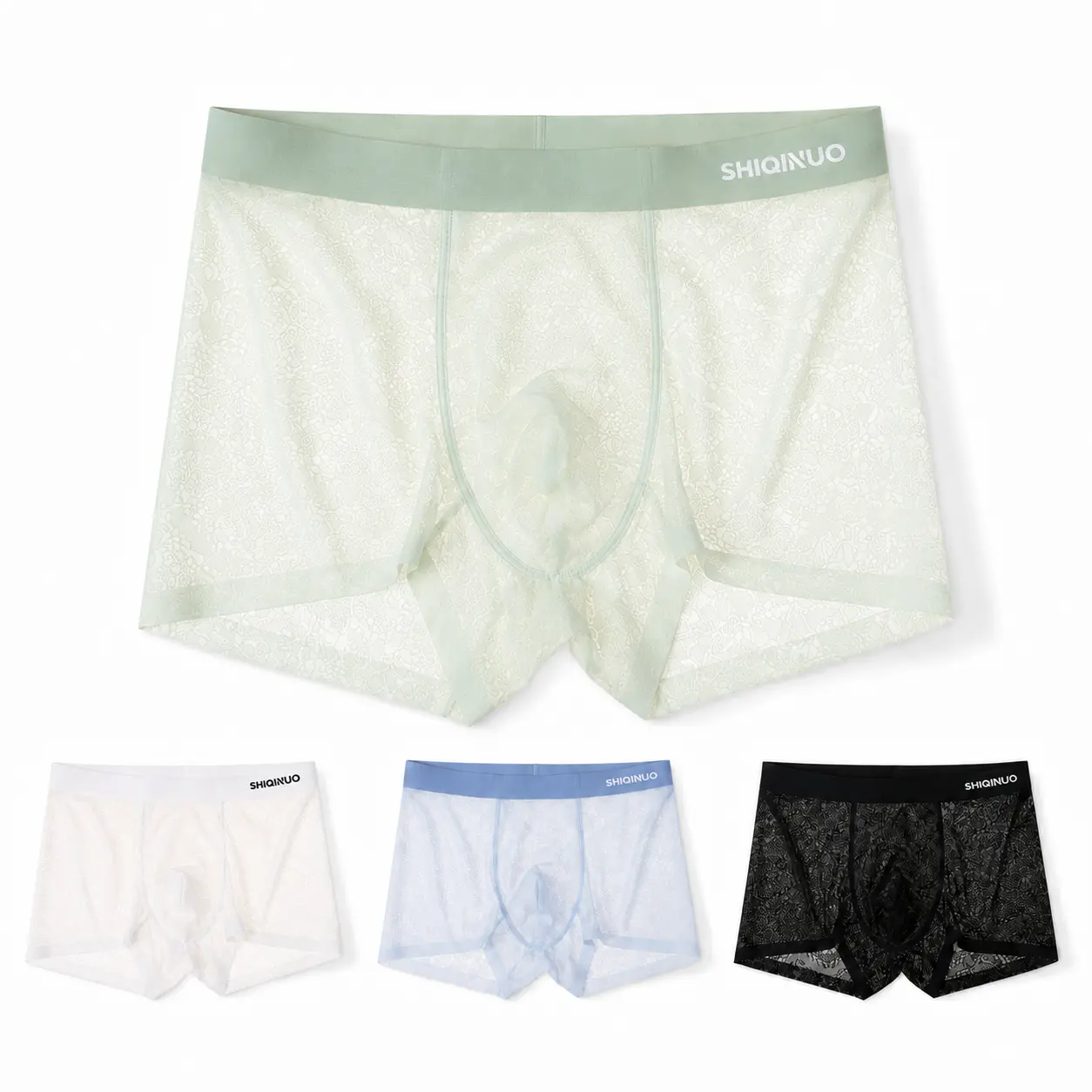 SHIQINUO Men's Basic Sexy 4-Pack Lace Mesh Boxer Briefs - Lingerie Boxershorts, Breathable Stretch Mid-Rise Trunks, Contour Pouch, Plain Lightweight Everyday Underwear, Chic, Soft, Breathable Light, Lace Texture, Nylon Spandex