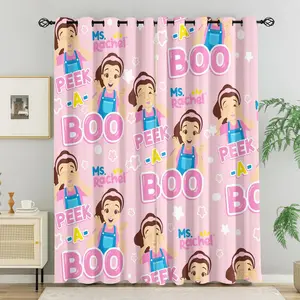 Pink Peek-A-Boo Cartoon Character Blackout Curtain Set 2 Pieces, No Drill Ring Design, Washable Polyester Fabric, Suitable for Bedroom Living Room Kids Room Decor, Insulation, UV Protection, Best Gift