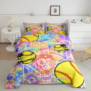 Softball Comforter,Eat Sleep Softball Comforter Set for Boys Girls Teens,Ball Games Tie Dye Bedding Set,Room Decorations Duvet Set