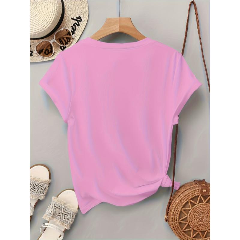 Women's Summer Casual Short Sleeve T-Shirt - Vibrant Pink Gradient Heart Print, Relaxed Fit Round Neck, Medium Stretch Breathable Fabric, Machine Washable Korean Style Top, Glitter Texture Hearts, Comfortable Fit Shirt