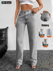 Multicolor New Denim Straight Leg Washed Pants, Asymmetrical Waistband Decor, Casual Daily Wear, Slant Pocket Jeans, Long Jean Trousers
