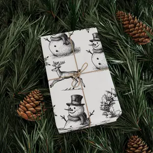 Snowman, Reindeer, and Wreath Themed Black and White Christmas Wrapping Paper