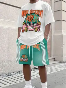 Men's Fashionable 2-Piece Set, Includes Round Neck Short Sleeve T-Shirt and Belted Shorts, Breathable Polyester Fabric, Casual Style