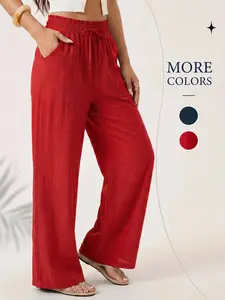 Women's Wide Leg Pants with Pocket Adjustable Drawstring High Waisted Smocked Elastic Waist Palazzo Trousers Loose Flowy Casual Sport Pants with Ruffle Trim Bottom