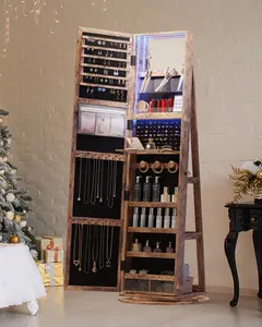 Dystler Mirror Jewelry Cabinet with Storage, Jewelry Armoire with Full Length Mirror, 360° Swivel & LED lights Standing Jewelry Holder Organizer with Rear Storage Shelves, Lockable - Rustic Wood