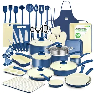 54-Piece Cookware Set, Even Heat Ceramic Non-Stick, Blue Gray