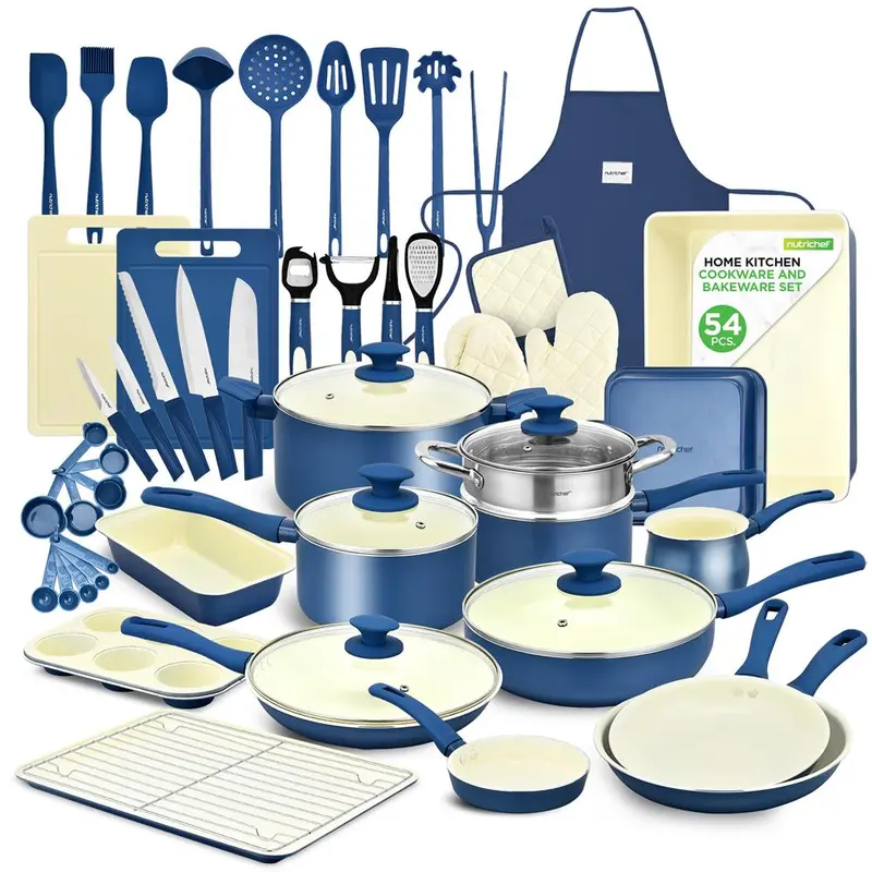 Nutrichef 54-Piece Blue Gray Ceramic Nonstick Aluminium Pots and Pans Set - Heavy-Duty Frying Pan, Heat-Resistant Glass Lids, Bakeware, Knife Set, Modern Utensils, Food Grade, Safe for Gas, Electric, Induction Cooktops, Hand Wash Only