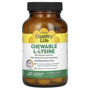 Country Life Chewable L-Lysine With Vitamin D and Elderberry, Tangy Orange Twist, 60 Chewable Tablets
