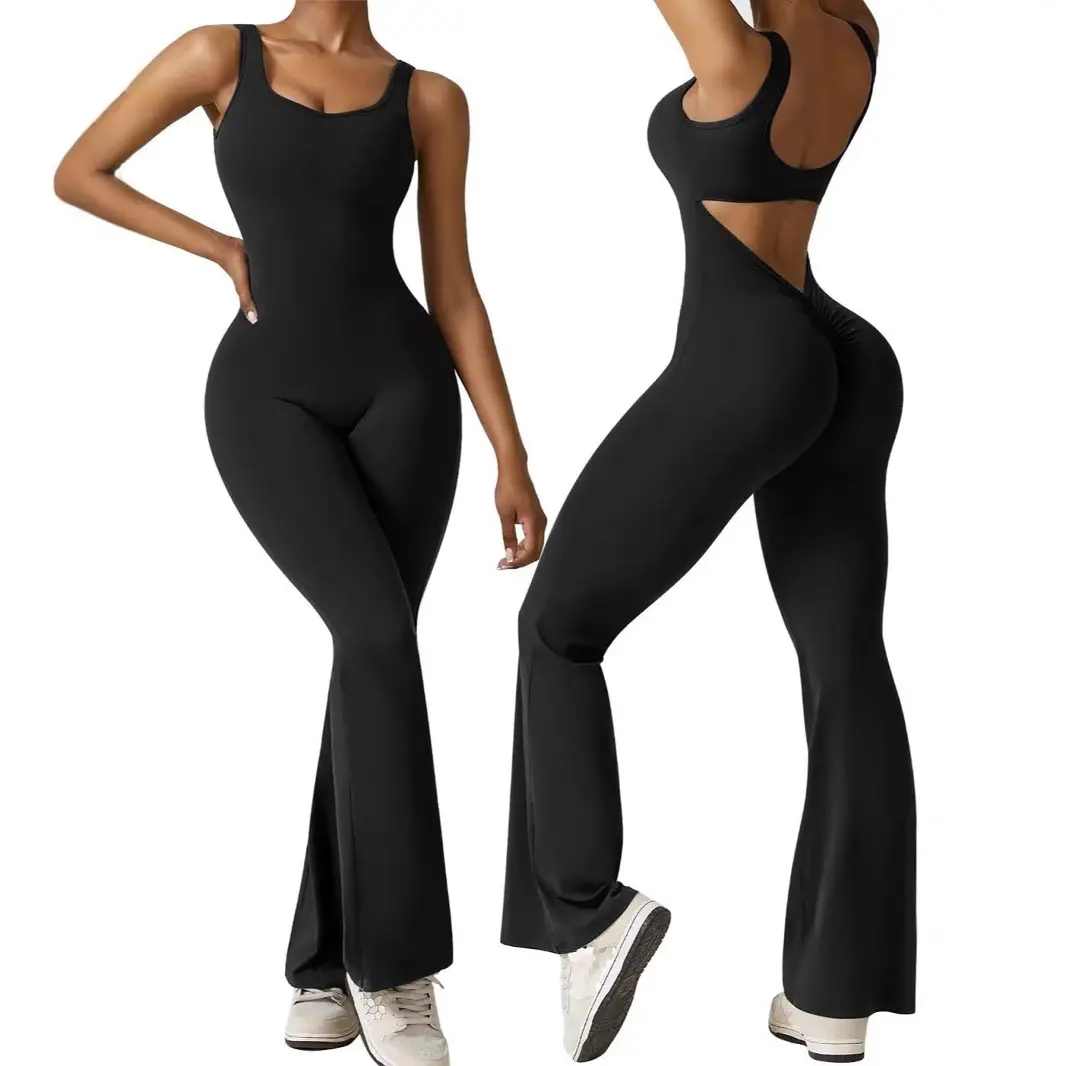 Women One Piece Yoga Jumpsuit, Cutout Open Back Flared Leg Workout Bodysuit