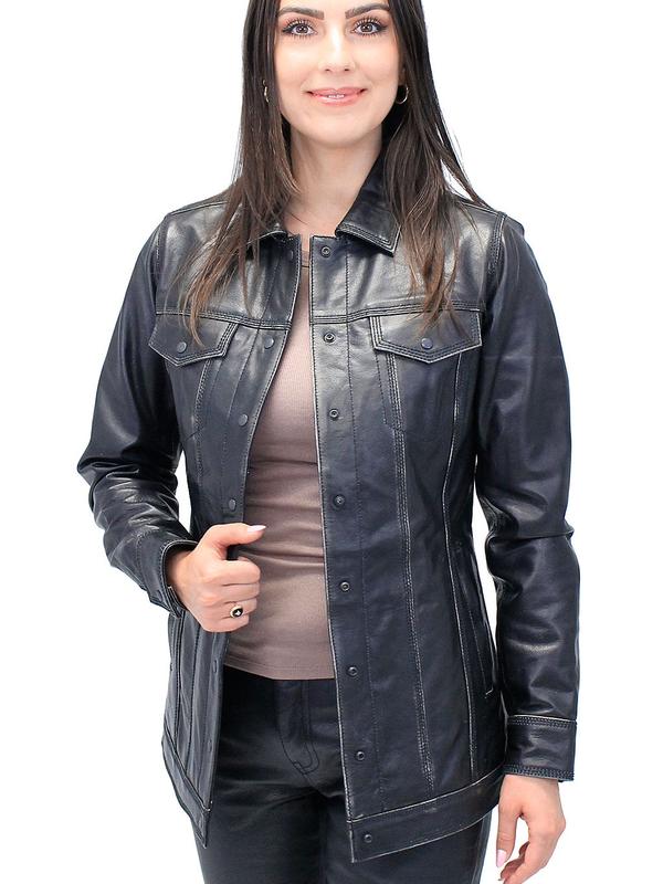 JAMIN LEATHER® Vintage Black Women's Long Leather Jean Jacket #LA2010LZK - Premium Soft Buffalo Leather, Dual Concealed Pockets, Snap Front, Minimalist Design, Available in Sizes S-5X