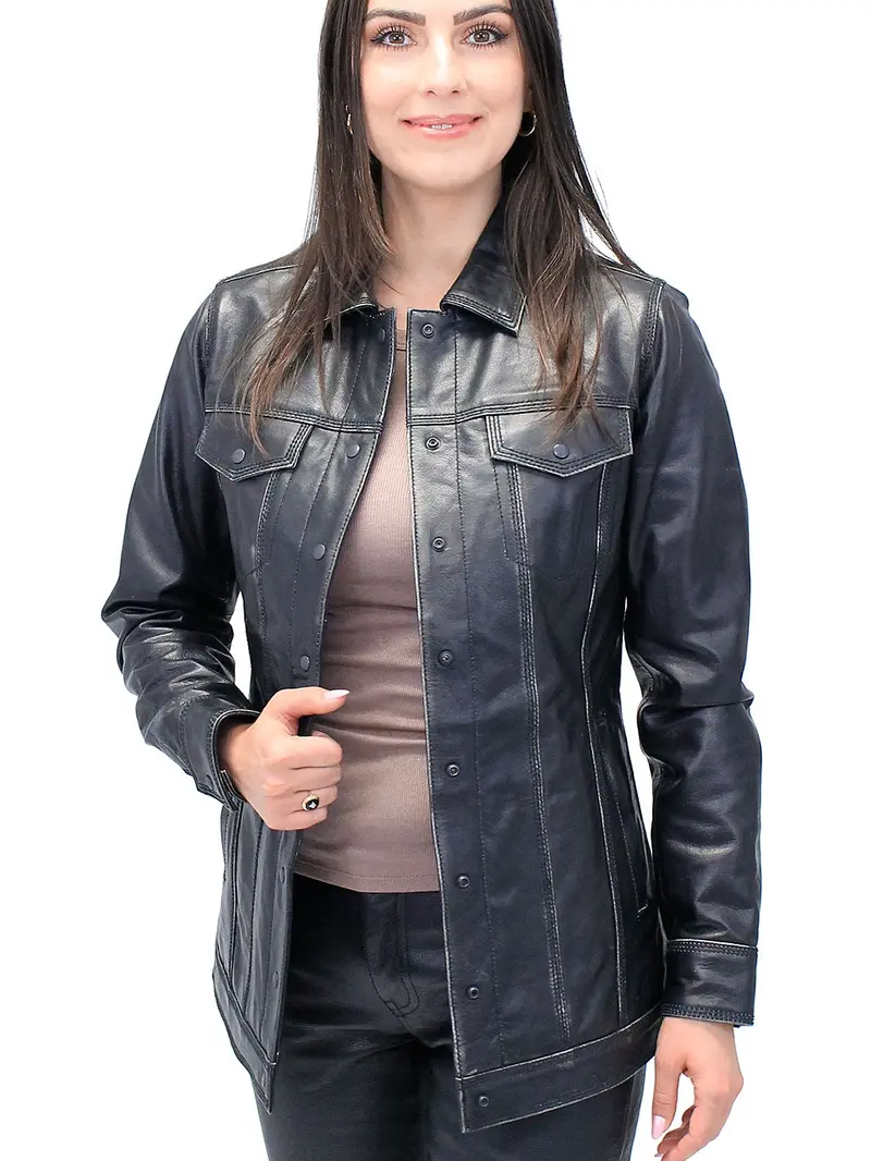 JAMIN LEATHER® Vintage Black Women's Long Leather Jean Jacket #LA2010LZK - Premium Soft Buffalo Leather, Dual Concealed Pockets, Snap Front, Minimalist Design, Available in Sizes S-5X