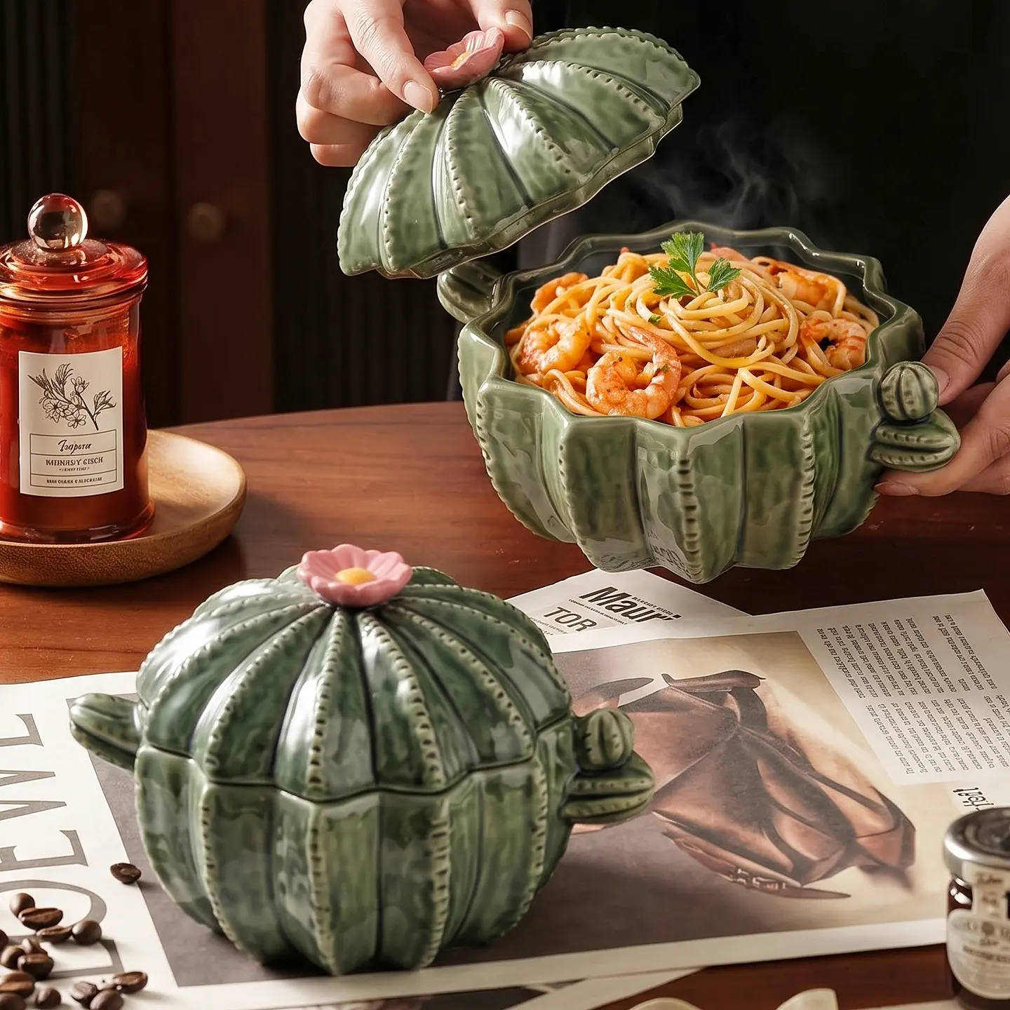 HongDian Cactus Shaped Ceramic Lidded Soup Pot,950ml 32 oz Covered Serving Bowl,Green Ribbed Relief Texture,Hand Painted Detail,Premium Ceramic,Underglaze Non Fading,Oven Microwave Dishwasher Sterilizer Safe,For Pasta,Stew,Soup,Noodles, With Lid, Undergla