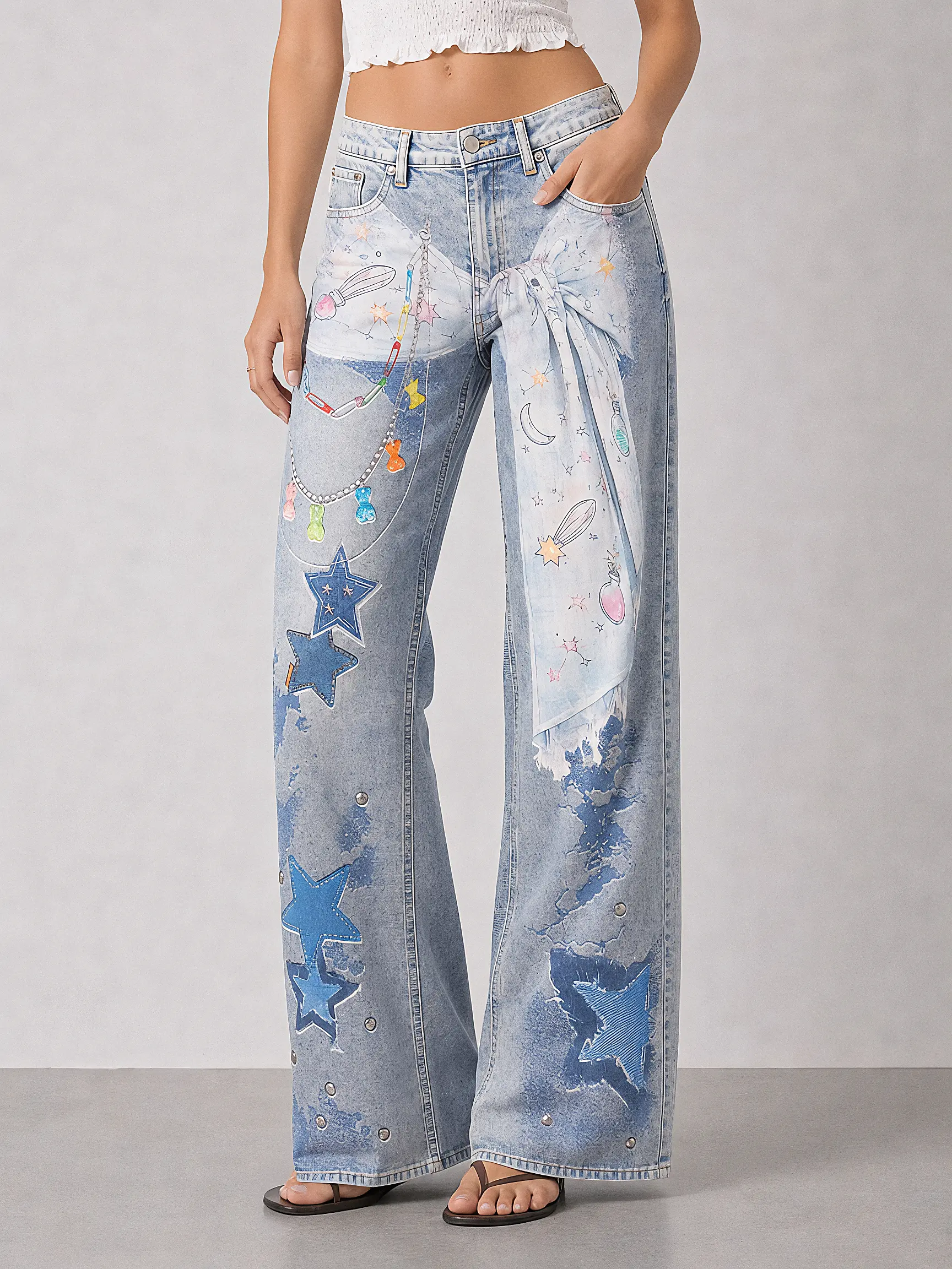 Light Wash Wide Leg Star Patch Print Jeans for Women Y2K Fairycore Baggy Denim Pants Cute Streetwear High Waisted Statement Jeans