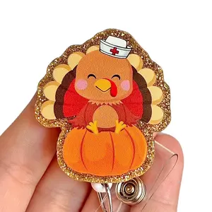 Glitter My Badge Thanksgiving Turkey badge reel for nurse and hospital workers. Badge clip Badge pull - Retractable swivel clip with a 360 rotation. Great gift for coworker.