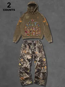 Trendy Cotton Hoodie & Camo Camouflage Pants Set, Unisex Loose Fit Streetwear, Breathable Comfort, Versatile Fashion, Ideal for All Seasons