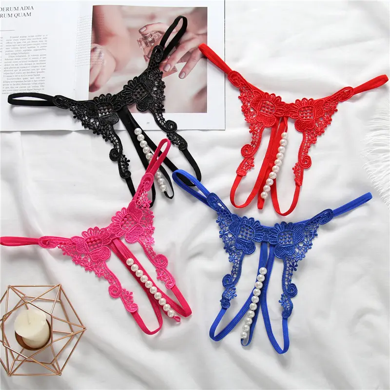Sexy Fashion Embroidered Panties Women's Transparent Hollow Pearl Massage Open Crotch Thong Low Waist T-Pants