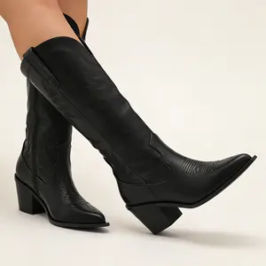 [8 TEXAS] Versatile Black Western-Inspired Boots | Pointed Toe Chunky Mid-Heel Knee-High Boots