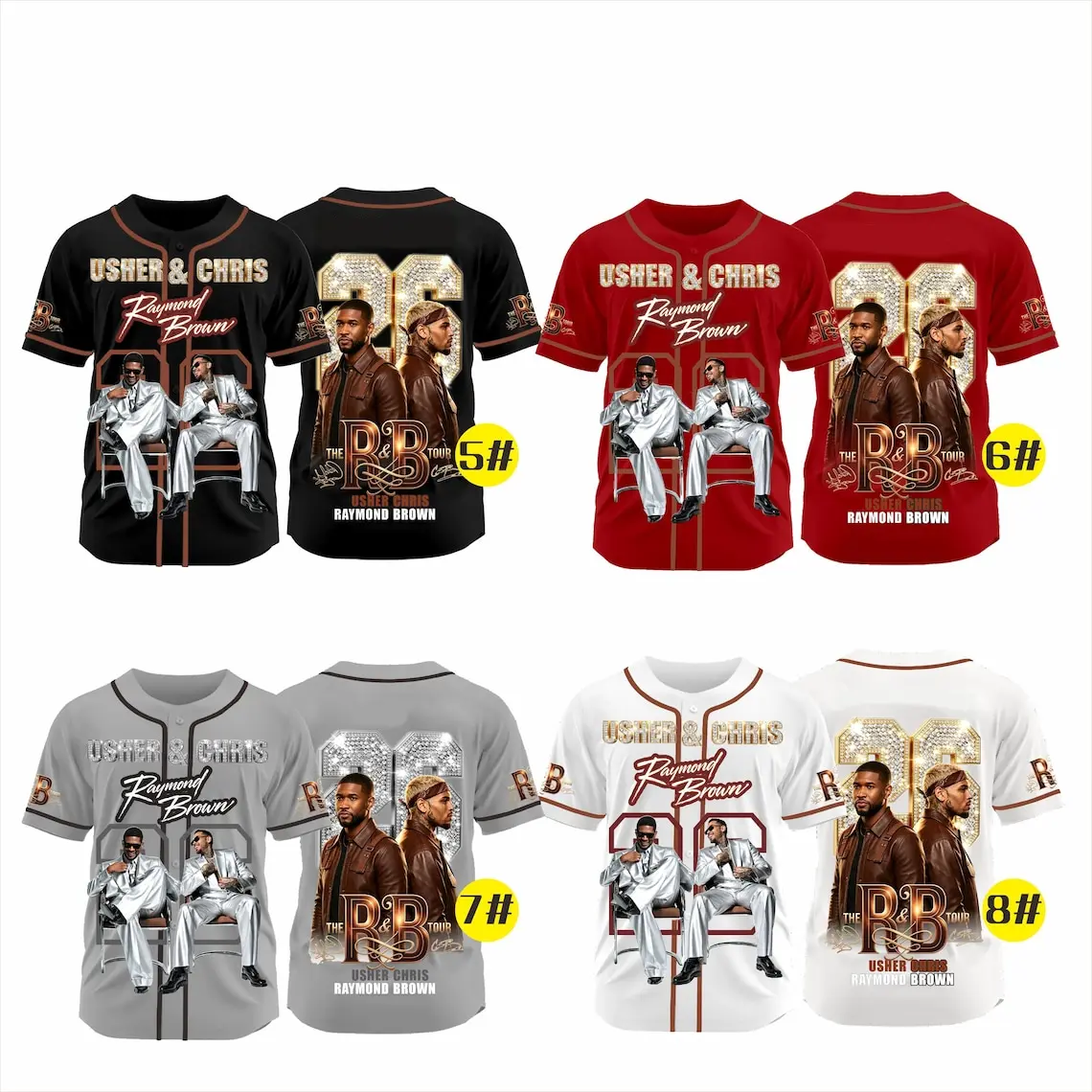 RnB Tour Split Color Button Up Baseball Jersey, Gold Diamond Graphic Number 26 Short Sleeve Shirt, Hip Hop Concert Outfits Streetwear Men Women