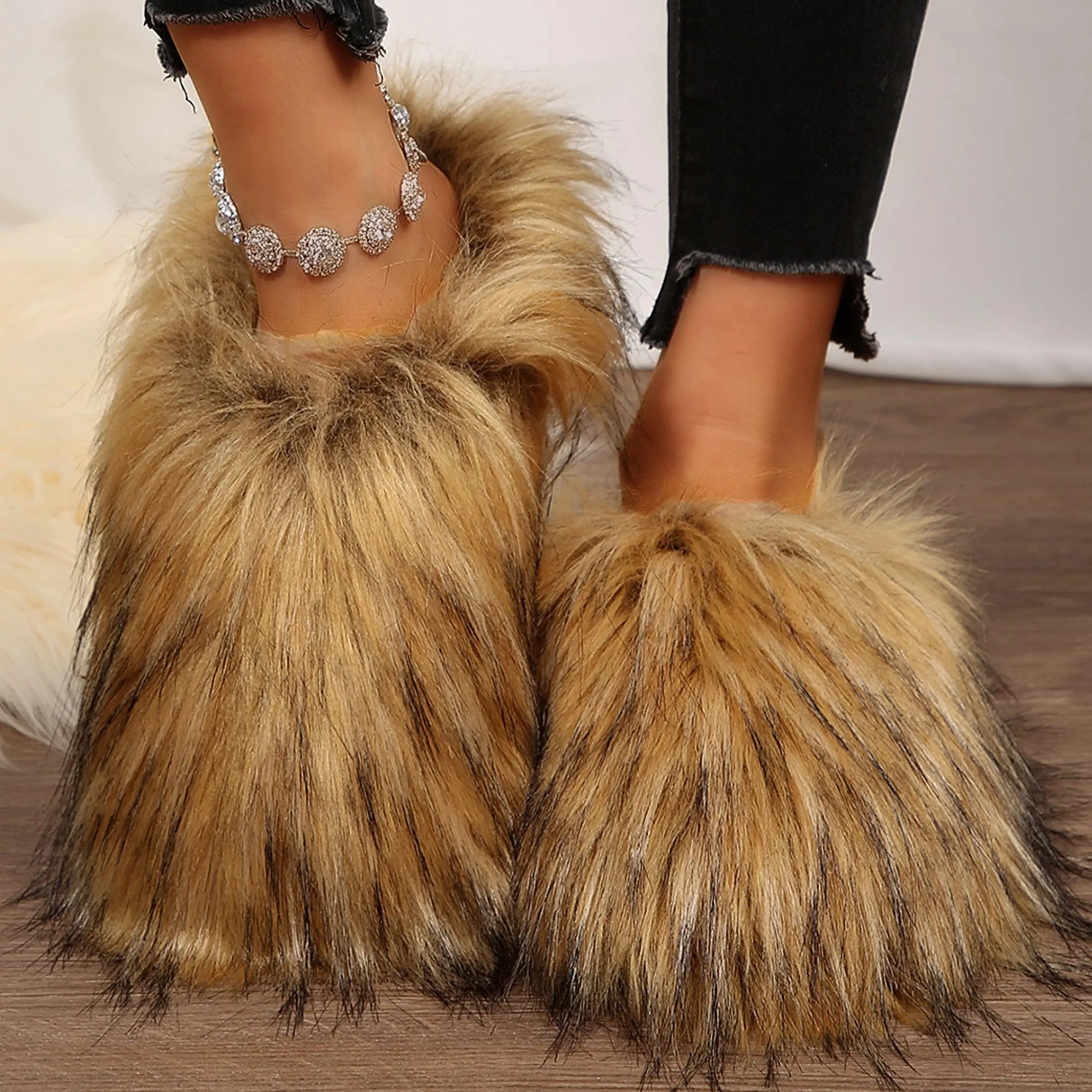 Faux Fluffy Slippers For Women Winter Warm Mini Snow Boots Fluffy Furry Plush Lining House Shoes For Indoor Outdoor Springfresh Footwear