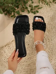 Women's Diamond Square Toe Sandals, Summer Breathable Soft Sole Slippers, Elegant Commute & Shopping Shoes, PU Leather