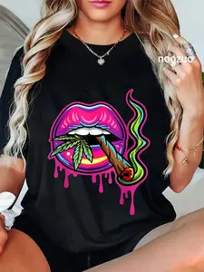 100% Cotton Unisex Lips Sexy Smoker Blunt Weed Teeth Marijuana Leaf 420 T-Shirt