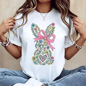 Women Casual Round Neck Short Sleeve T Shirt Featuring Easter Bunny with Pink Bow and Colorful Swirl Print for Spring Festive and Daily Wear