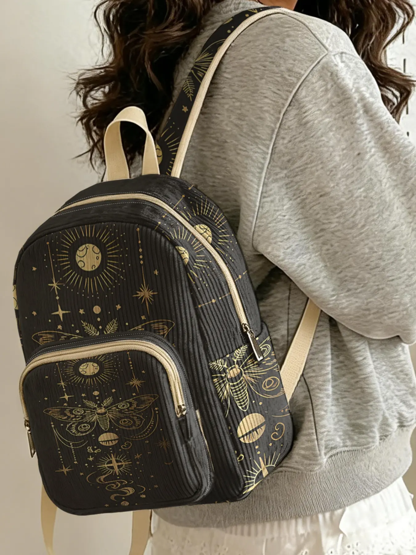 1 piece of ladies' two-shoulder bag with 2D printed butterfly and starry pattern, chenille texture + layered storage + light weight reduction | Suitable for students to go to class/shopping/short trips | Combines atmosphere with practicality