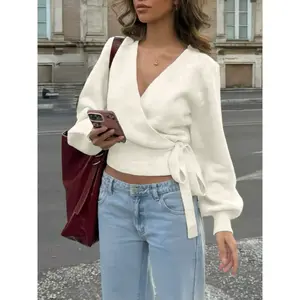 Elegant Fall Winter Knitwear, Cross-Design Short Sweater, Slim-Fitting Outerwear, Fashionable Casual Style, Perfect for Women