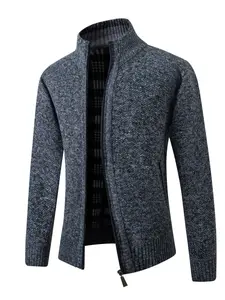 Men's Casual Stand Collar Long Sleeve Zipper Cardigan Sweater, 100% Polyester Knit Fabric, Regular Fit Slight Stretch, Pure Color Fall Winter Outerwear