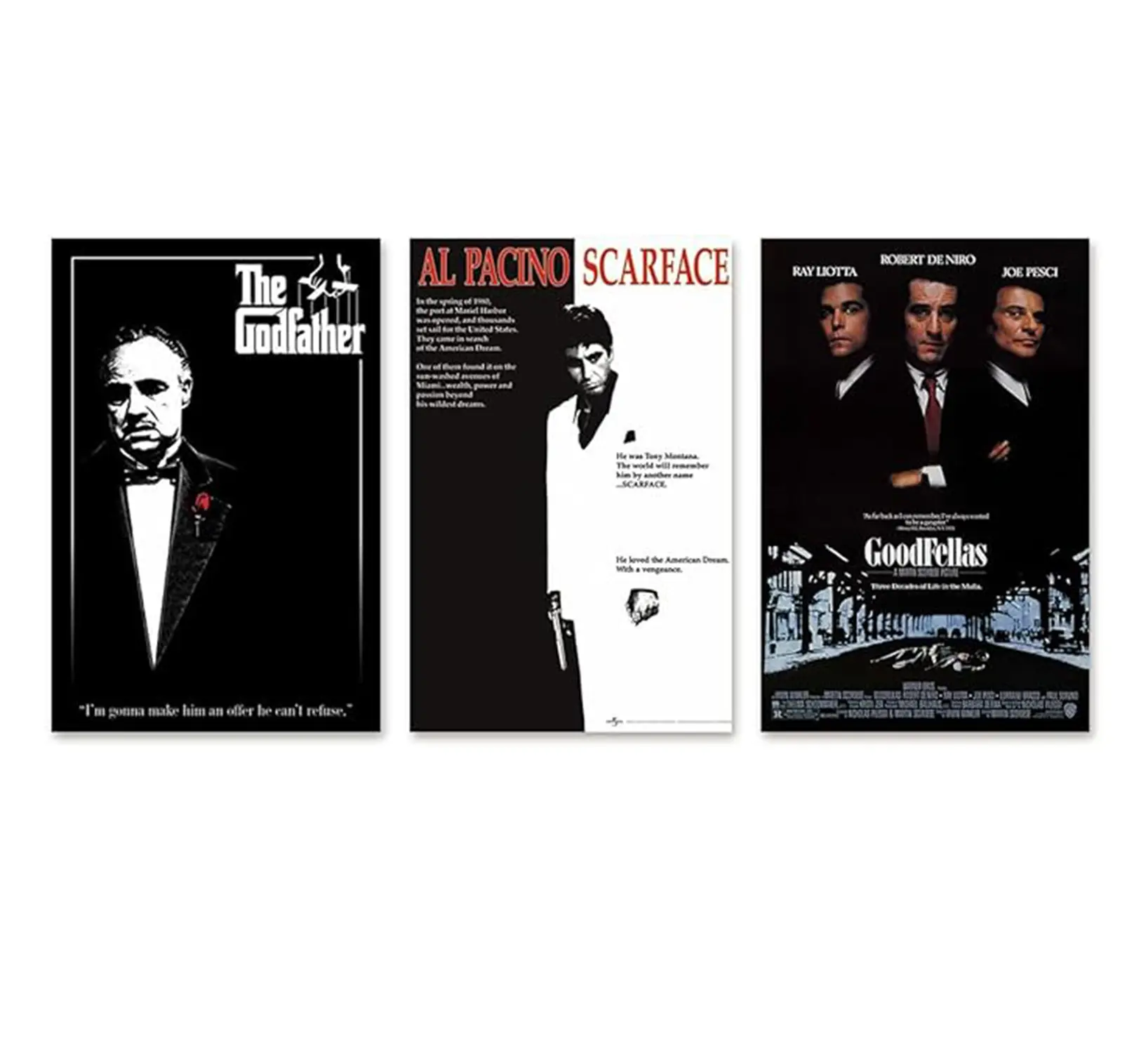 Set Of 3 Classic Gangster Movies The Godfather, Scarface & Goodfellas Poster Wall Art HD Print Unframed Aesthetic Room Home House Modern Wall Decor Trendy Gift.