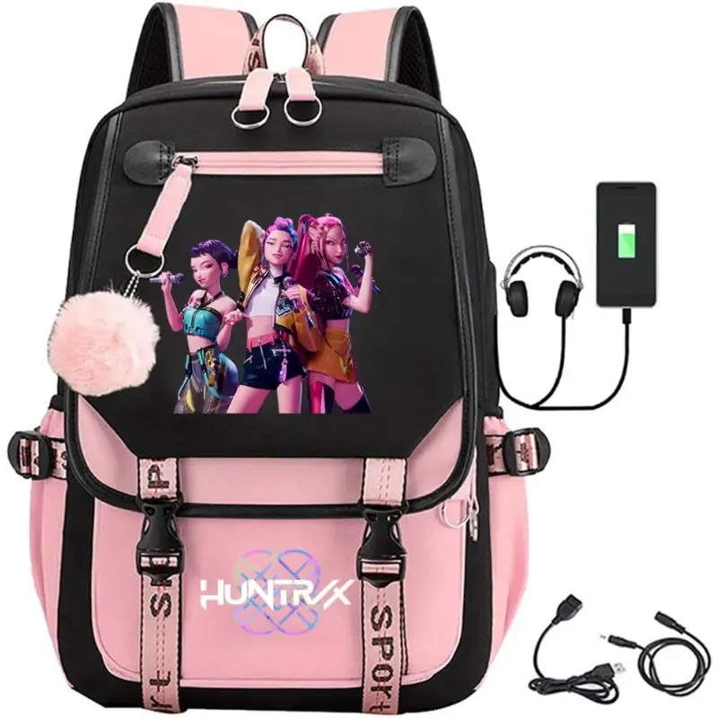 kpop demon hunters backpack Saja Boys Backpack Teenagers Backpacks Hip Hop Gothic Schoolbag (15.6inch,Pink2)