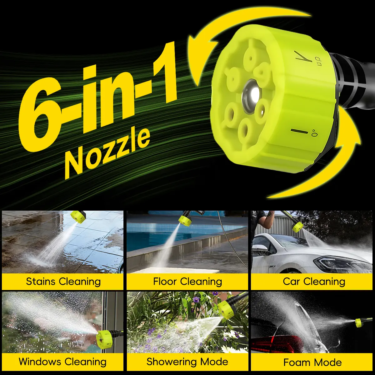 Six in one adjustable spray nozzle for different cleaning tasks