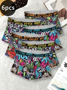 Men's Breathable Briefs Cartoon Print Underwear (6-Pack), Casual Slim-Fit Boyshorts for All Seasons, Comfortable Outdoor Sports Wear
