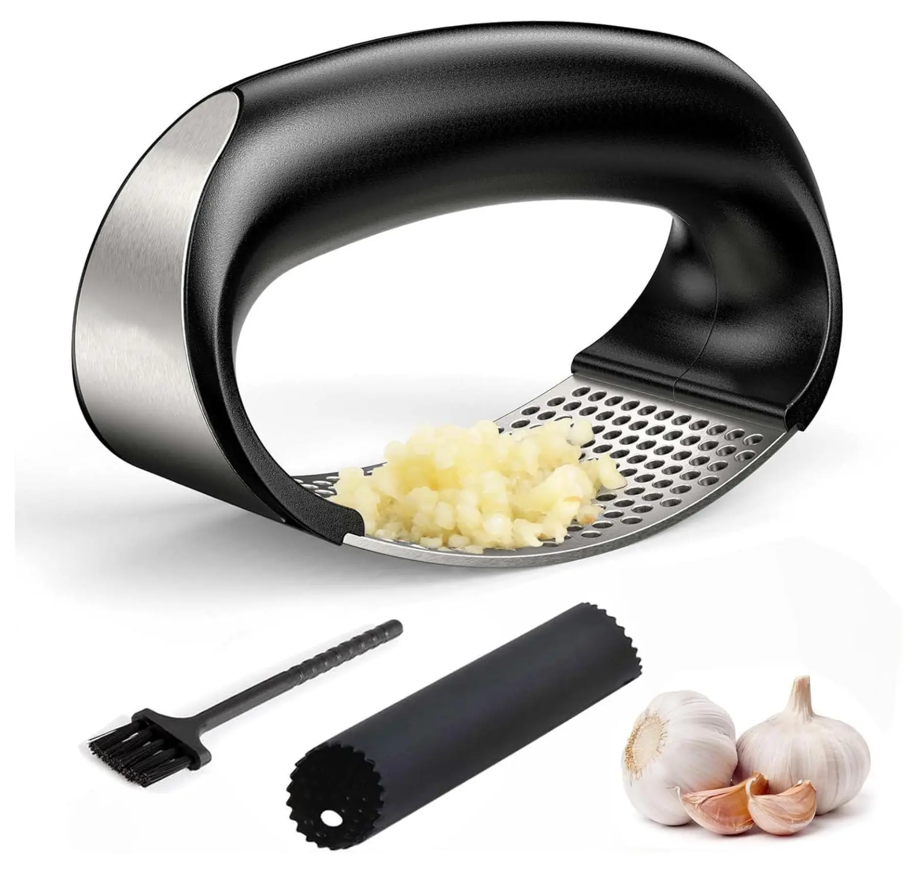 3 PCS Stainless Steel Garlic Press Rocker Set, With Garlic Peeler & Cleaning Brush, Garlic Chopper, Mincer, Grater, Crusher, Easy to Clean, Effortless Mincing Tool for Kitchen，