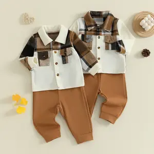 Kids Baby Toddler Boys Fall Outfits Plaid Flannel Baby Boy Jacket Button Down Shirts Pants 2Pcs Festival Clothes Set