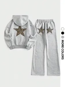 Women's Summer Leopard Print Hoodie Matching Set Outfit, Casual Graphic Drawstring Sweatpants, Ideal for Spring & Fall Outdoor Activities, 2 Piece Pack