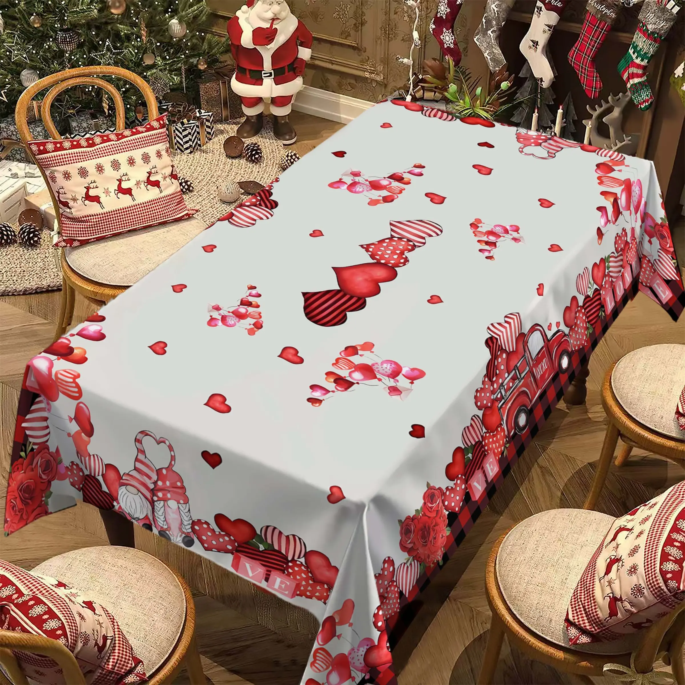 Valentine's Day Rectangular Tablecloth, Balloon Heart Dwarf Print, Couple Dinner Decoration, Best Valentine's Gift, Holiday Occasion